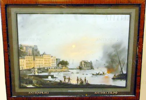 Картина старинная "Порт". Картон, гуашь. Россия. Нач. ХХ века.№13870